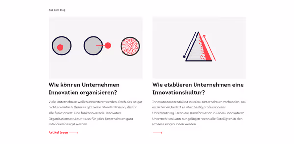 Screenshot of blog post teasers, each having a unique illustration.